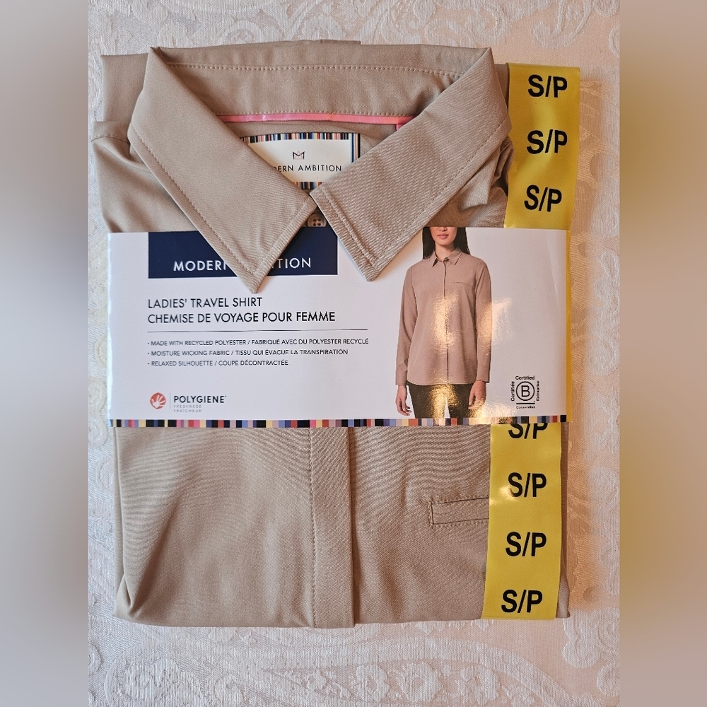 Modern Ambition Ladies' Tan Travel Shirt, Size Small, NWT, Button Up